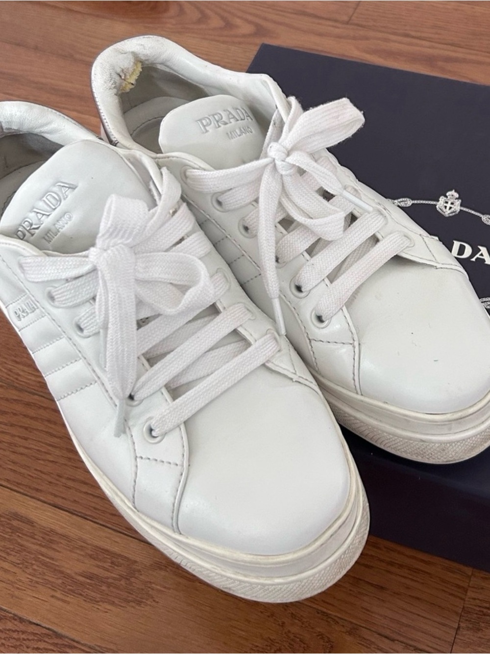 Prada White Leather Platform Lace-Up Sneakers